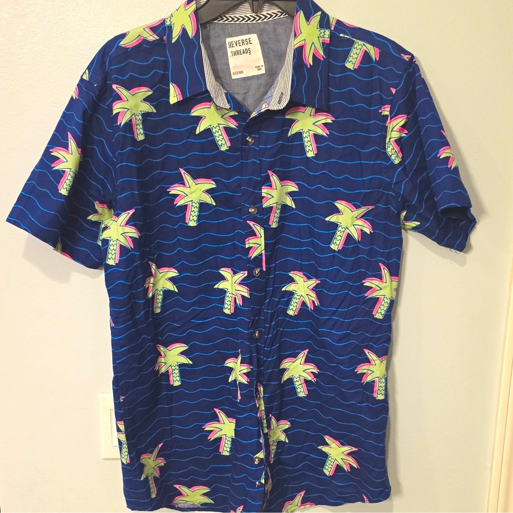 Reverse Threads Men's Cotton/Lycra SS Button-Up Palm Tree M Blue #423